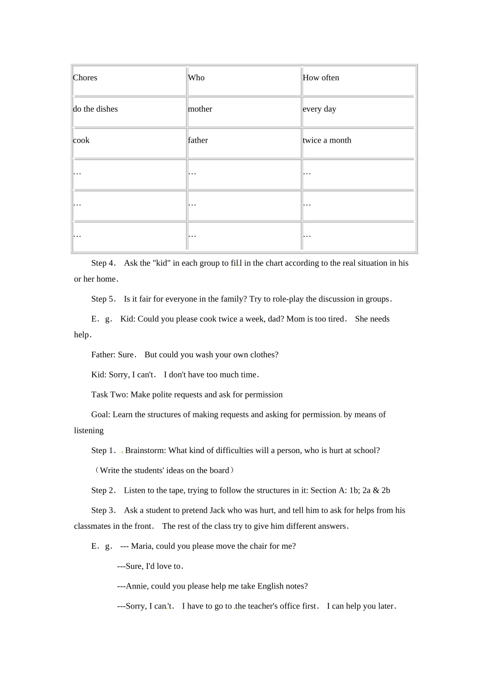 七年级英语下册：Unit 8 Could you please clean your room（教案3）鲁教版_第3页