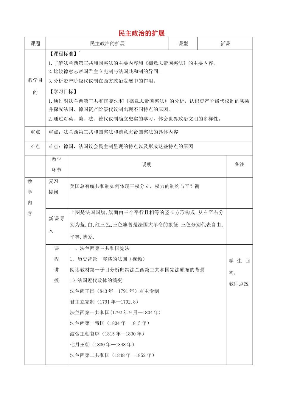 四川省宜宾市一中高一政治《民主政治的扩展》教学设计-人教版高一全册政治教案_第1页
