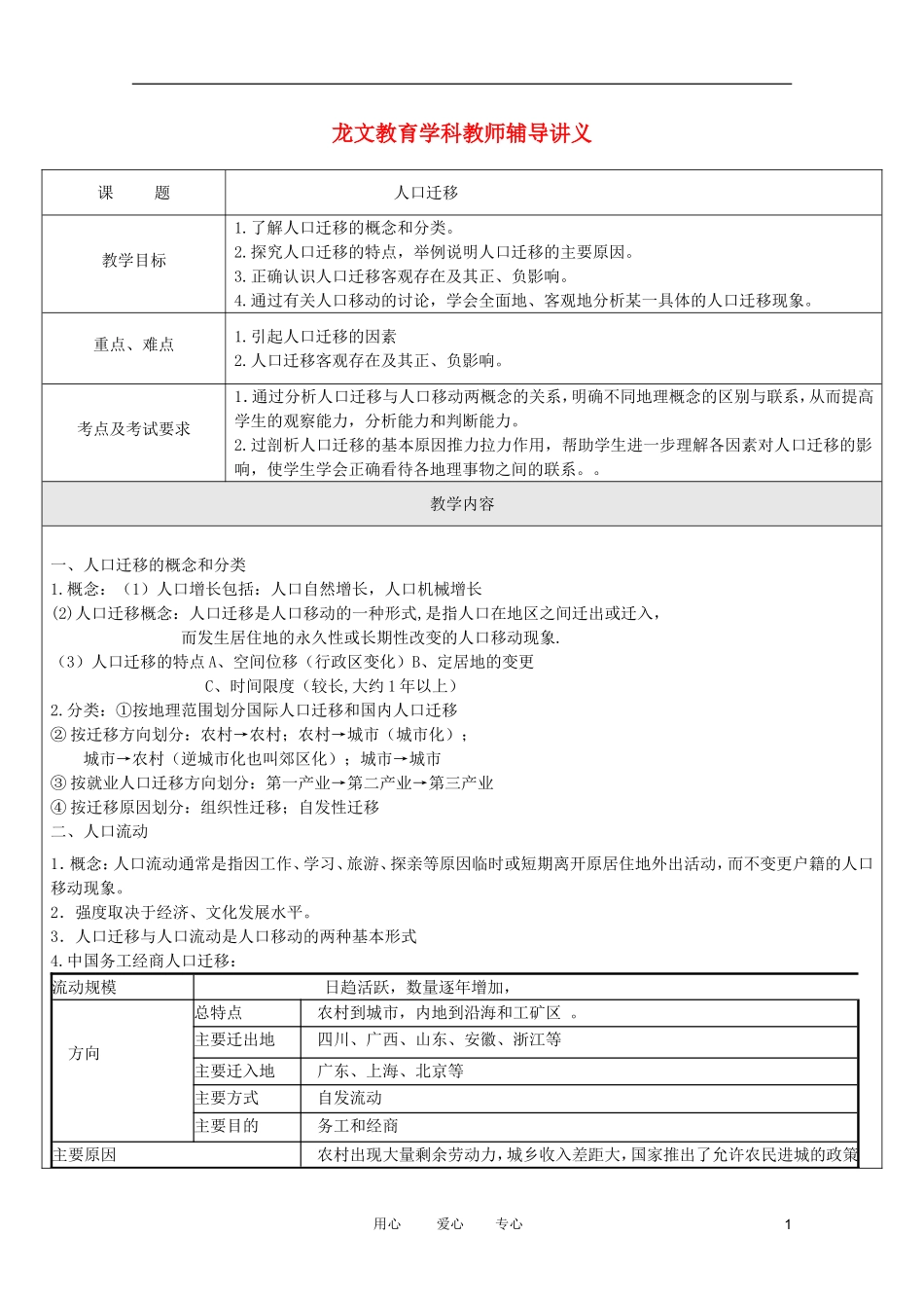 龙文教育高中地理教师辅导讲义 2人口迁移1_第1页