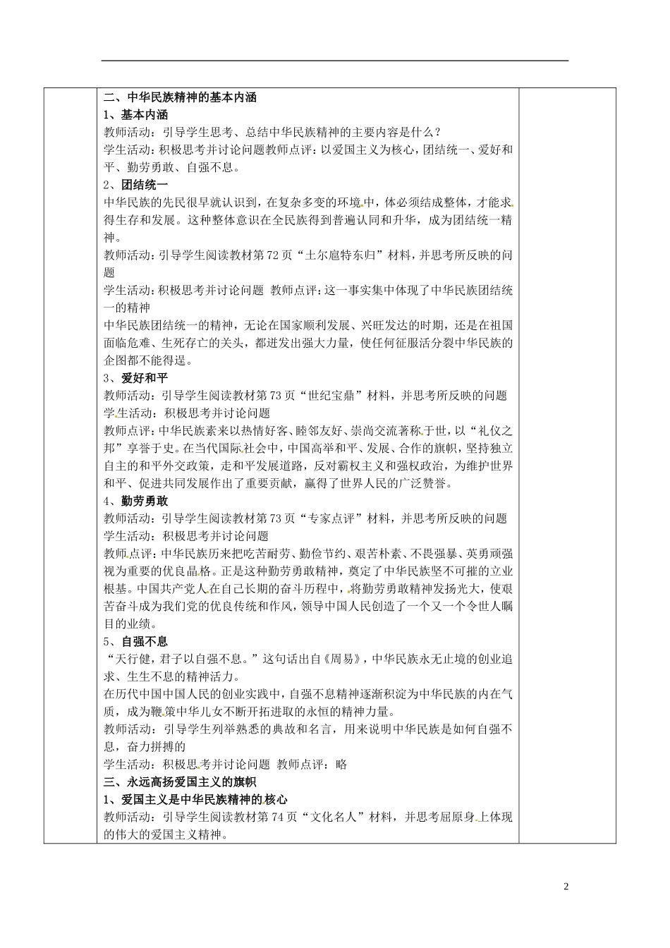 陕西省安康市汉滨高级中学高中政治 第七课 一、永恒的中华民族精神教案 新人教版必修3_第2页