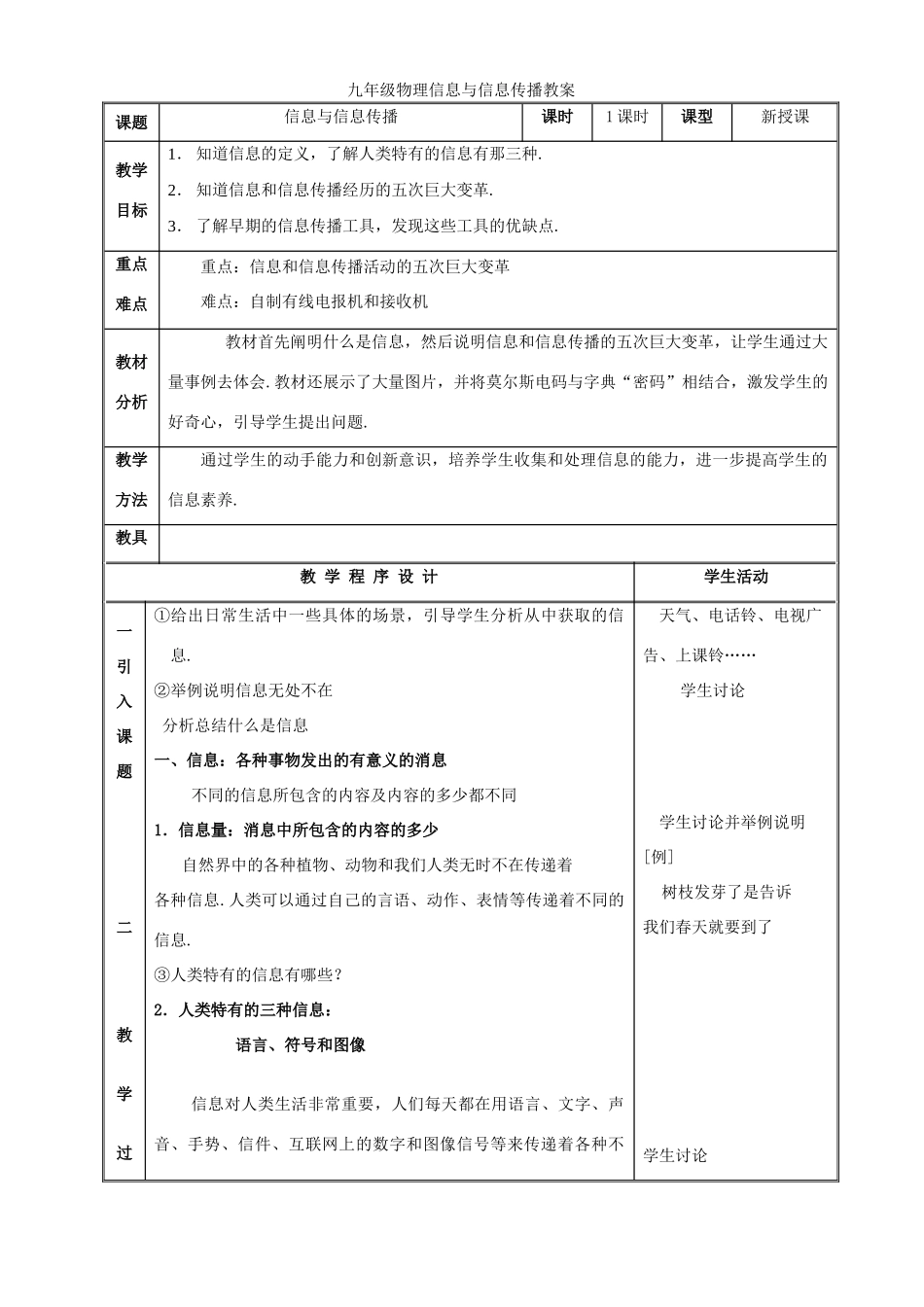 九年级物理信息与信息传播教案 苏教版_第1页