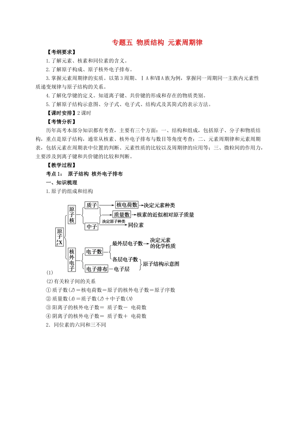 高考化学二轮专题突破 专题五 物质结构 元素周期律教案-人教版高三全册化学教案_第1页