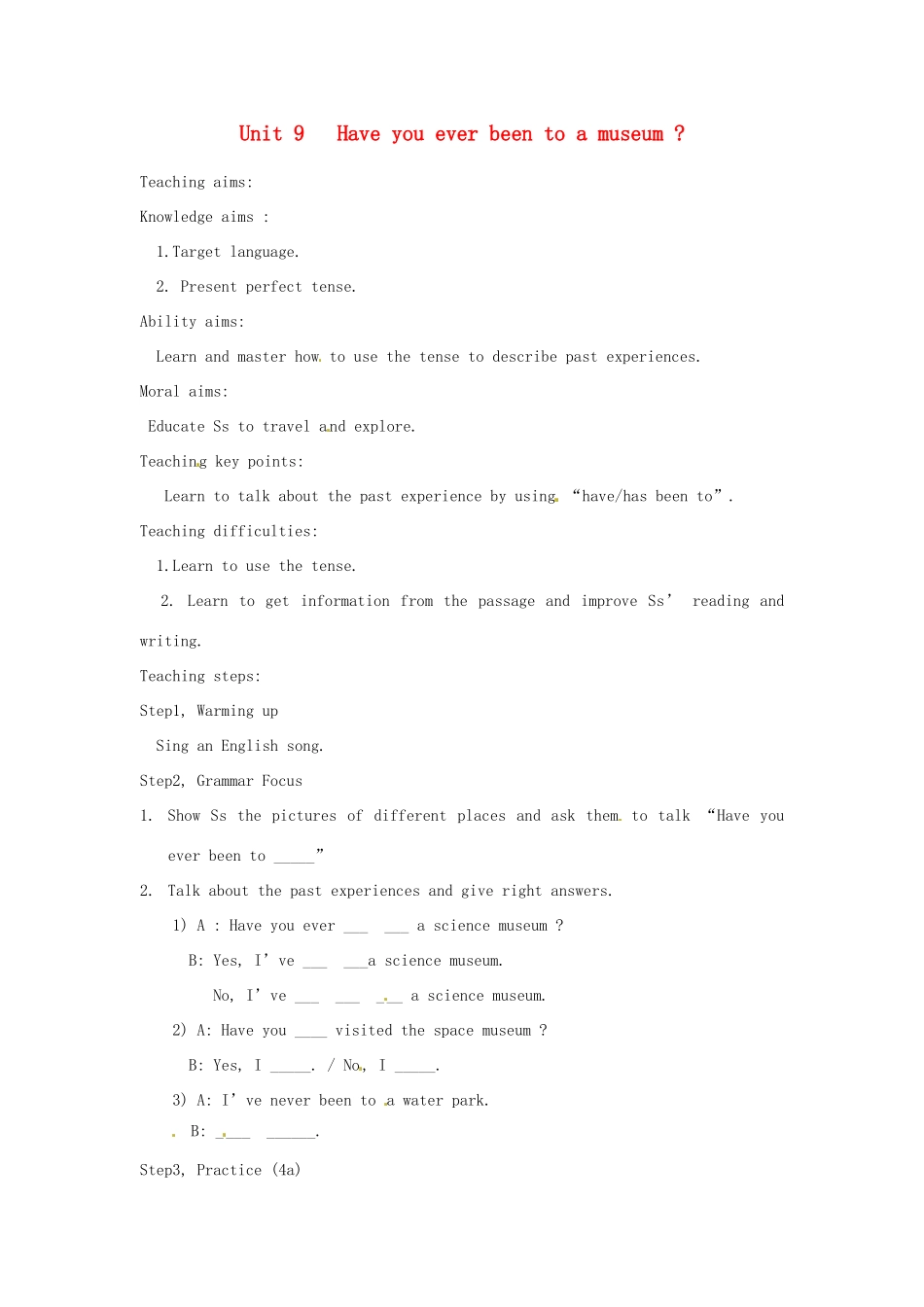 山东省郯城县新村乡中学八年级英语下册 Unit 9 Have you ever been to a museum Grammar Focus-4c教案 （新版）人教新目标板_第1页