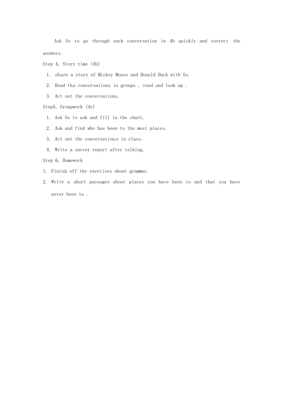 山东省郯城县新村乡中学八年级英语下册 Unit 9 Have you ever been to a museum Grammar Focus-4c教案 （新版）人教新目标板_第2页