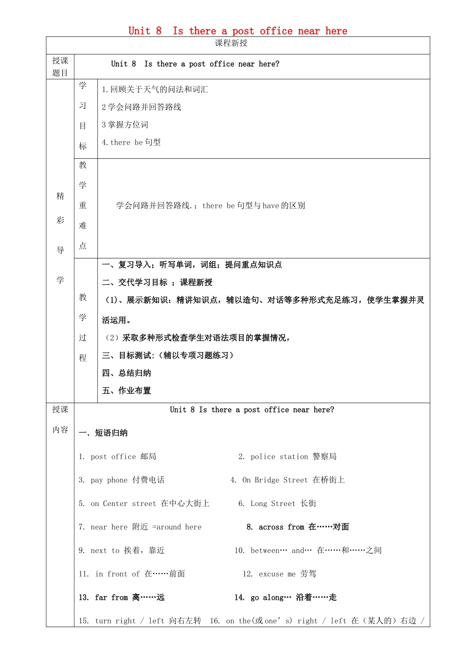 七年级英语下册 Unit 8 Is there a post office near here讲义习题（无答案）（新版）人教新目标版-（新版）人教新目标版初中七年级下册英语教案_第1页