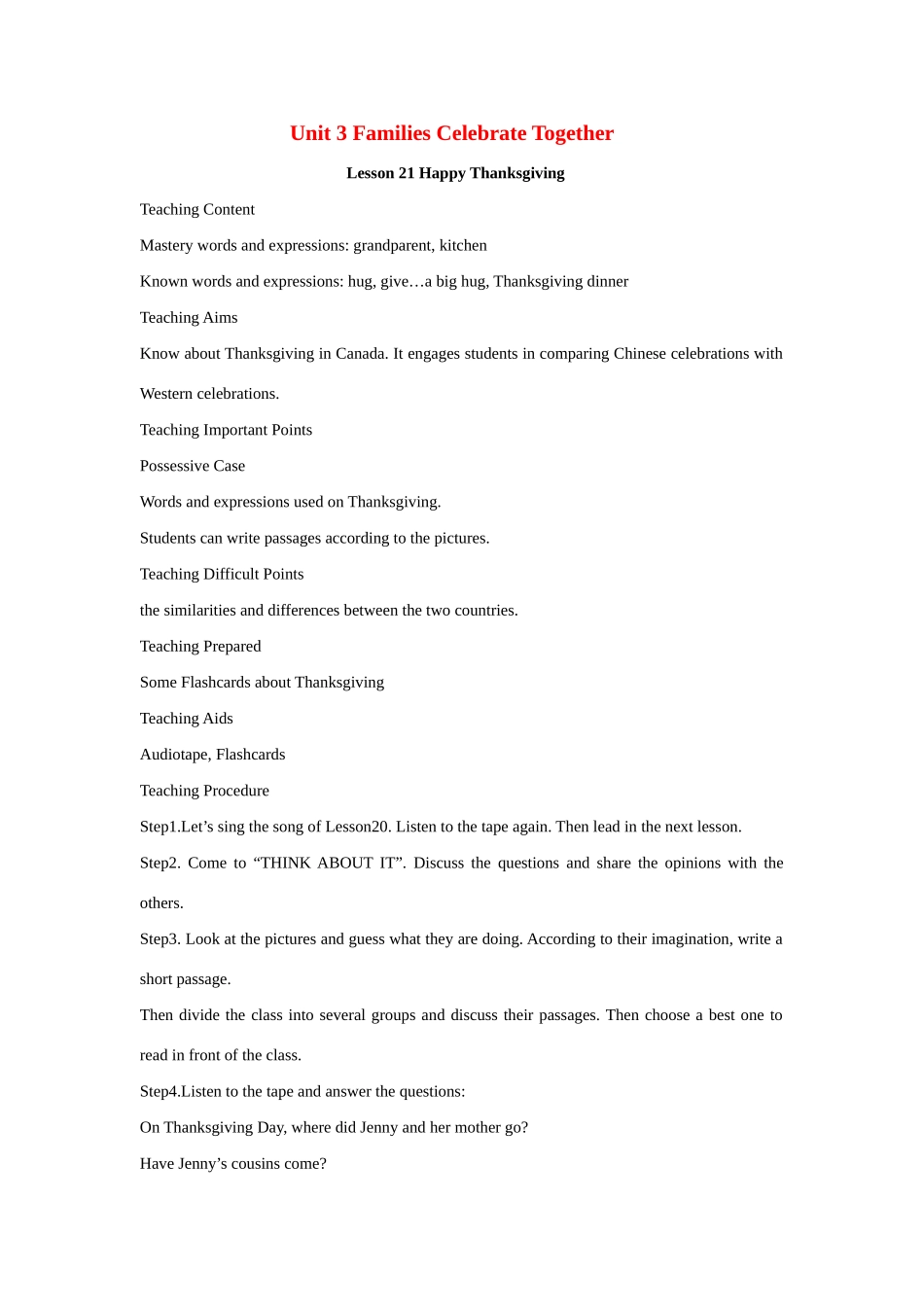 八年级英语上册 Unit 3 Lesson 21 Happy Thanksgiving-Lesson 22 Presents from Canada!教案 冀教版_第1页