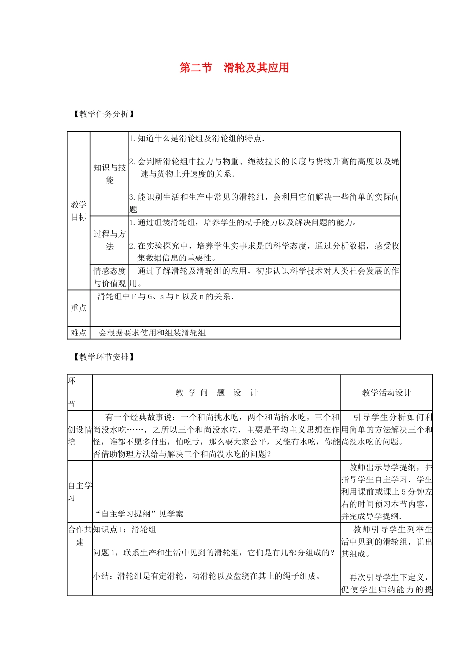 八年级物理全册 第十章 第二节 滑轮及其应用教案2 沪教版_第1页
