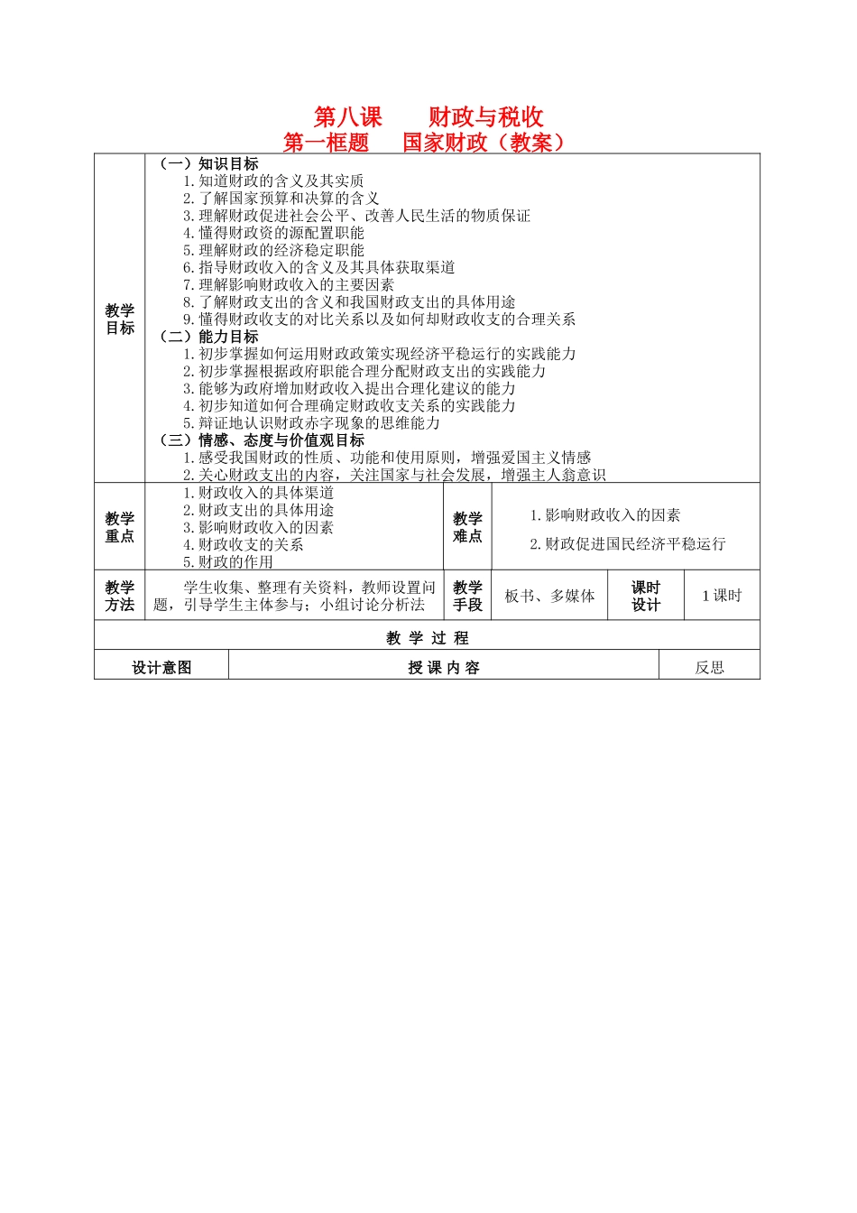 高中政治8.1国家财政教案新人教版必修1_第1页