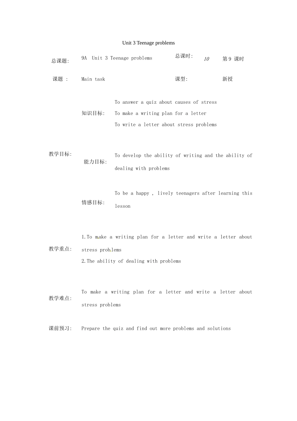 江苏省东台市唐洋镇中学九年级英语上册《Unit 3 Teenage problems》教案设计 牛津版_第1页