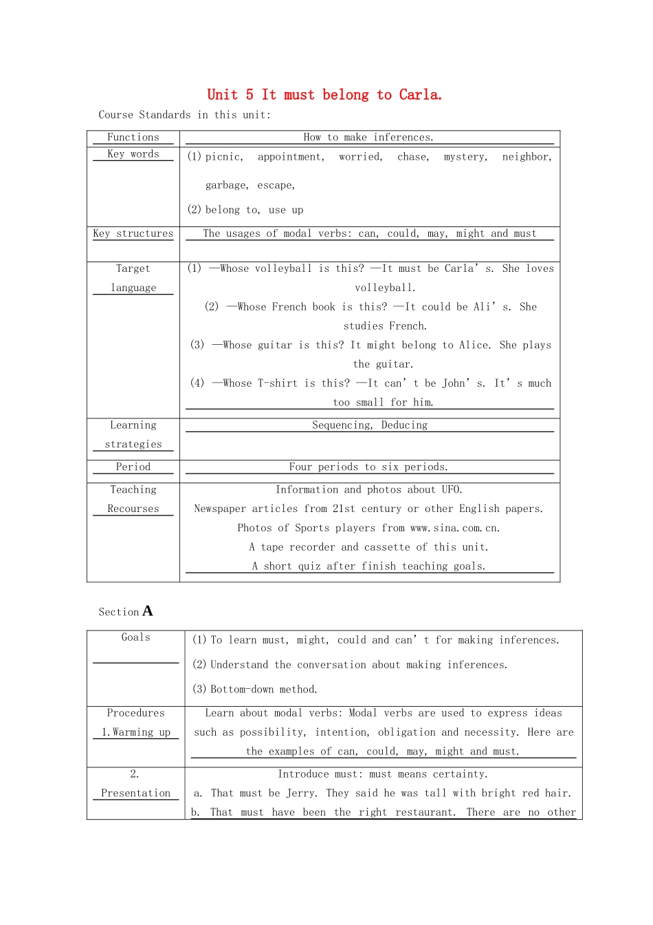 九年级英语上册 Unit 5《It must belong to Carla》教案 人教新目标版_第1页
