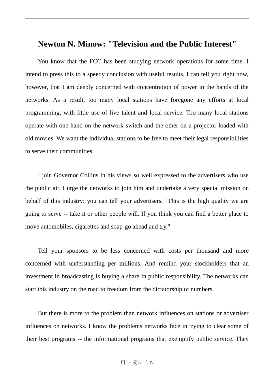 高中英语Unit4 文章 Newton N. Minow Television and the Public Interest 4人教版必修五_第1页