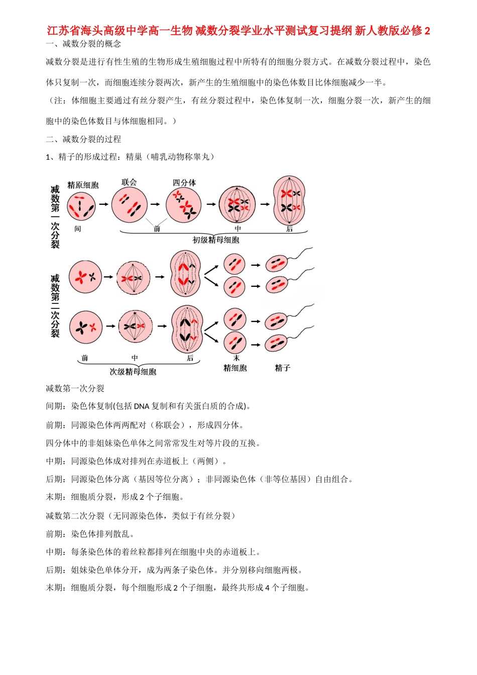 江苏省海头高级中学高中生物 减数分裂学业水平测试复习提纲 新人教版必修2_第1页