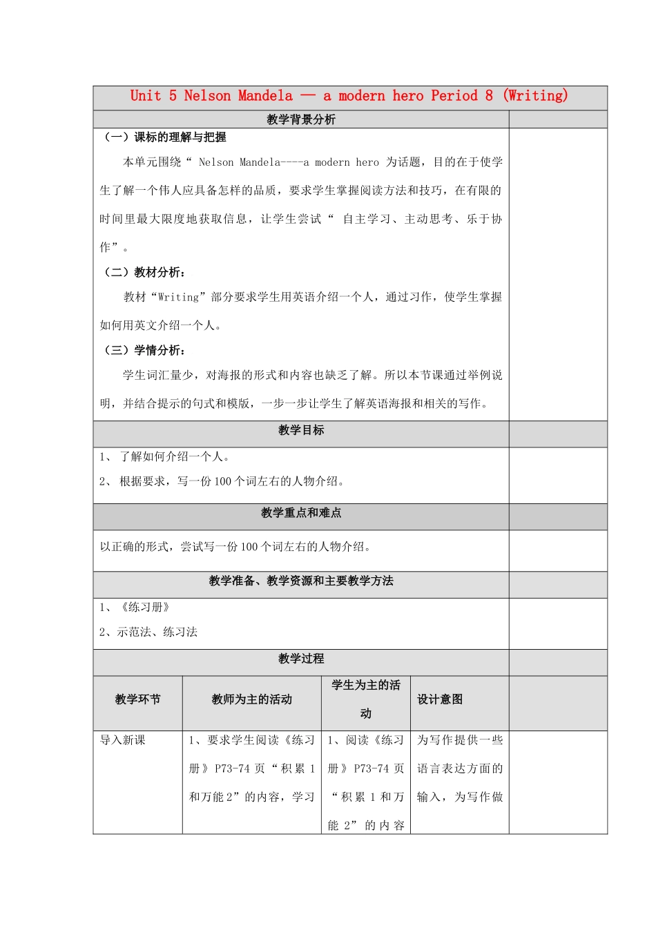 高中英语 Unit5 Nelson Mandela-a modern hero Writing教案 新人教版必修1-新人教版高一必修1英语教案_第1页