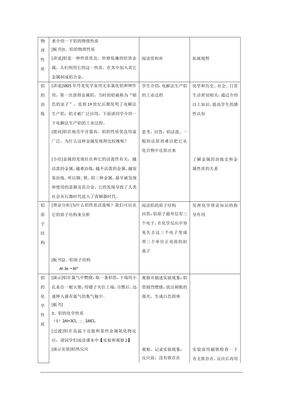 高二化学第一学期：8.2 铝和铝合金的崛起 教案（第1课时）沪科版_第3页