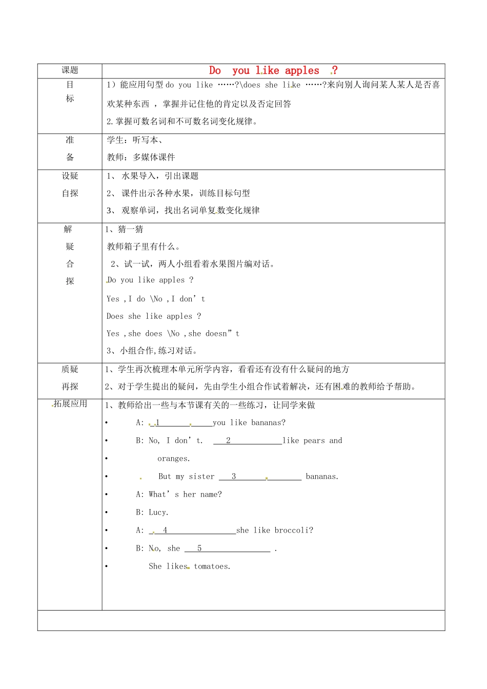 云南省玉溪市红塔区洛河民族中学七年级英语 《unit 6 Do you like apples》教案 人教新目标版_第1页