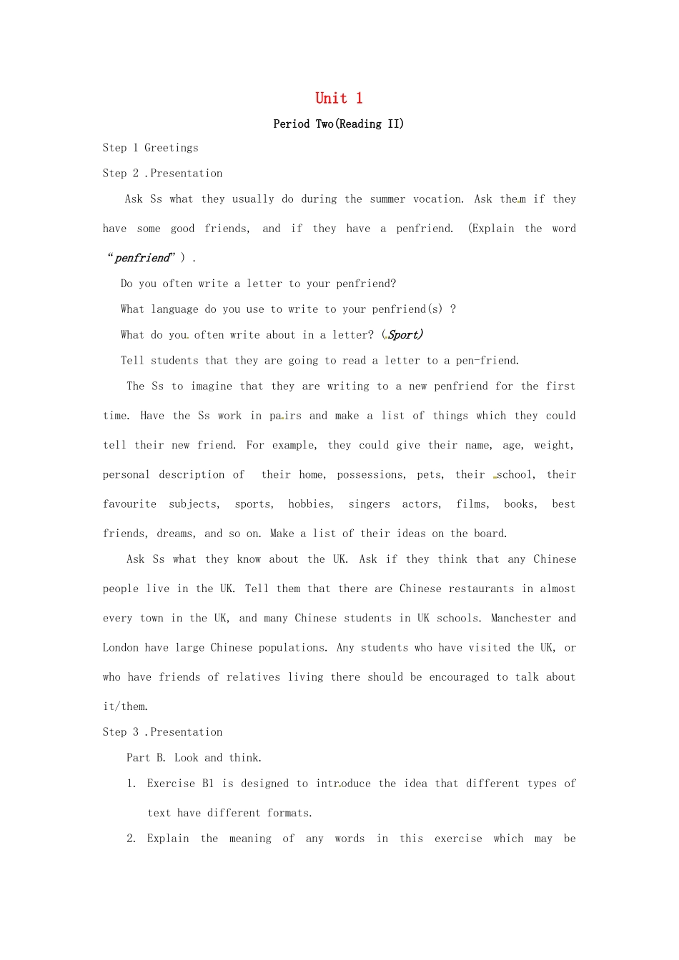 七年级英语上册 Unit 1 Period Two Reading II复习教案 （新版）牛津深圳版-牛津深圳版初中七年级上册英语教案_第1页
