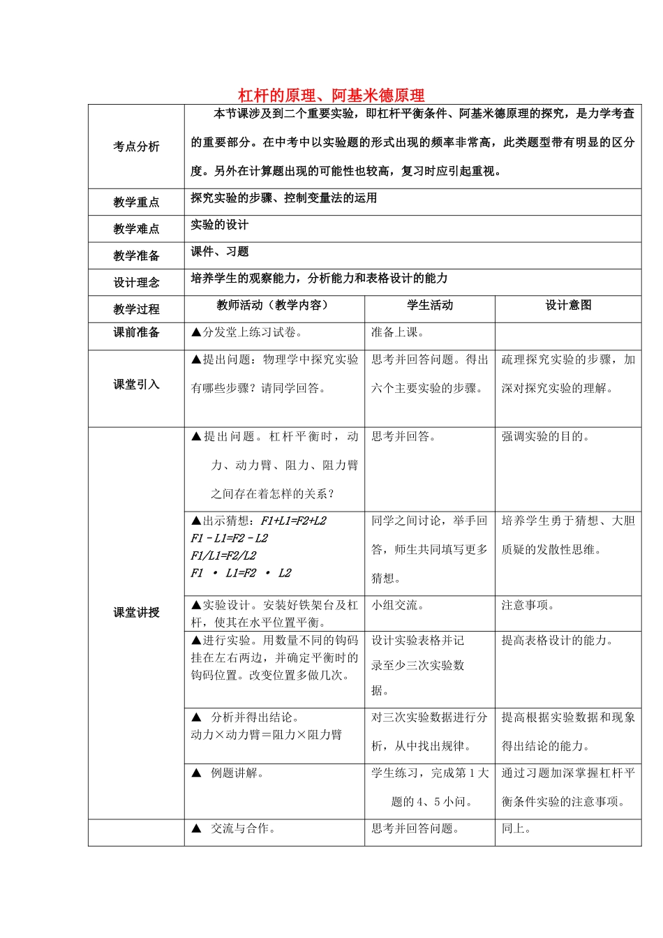 中考物理 杠杆的原理、阿基米德原理复习教案-人教版初中九年级全册物理教案_第1页