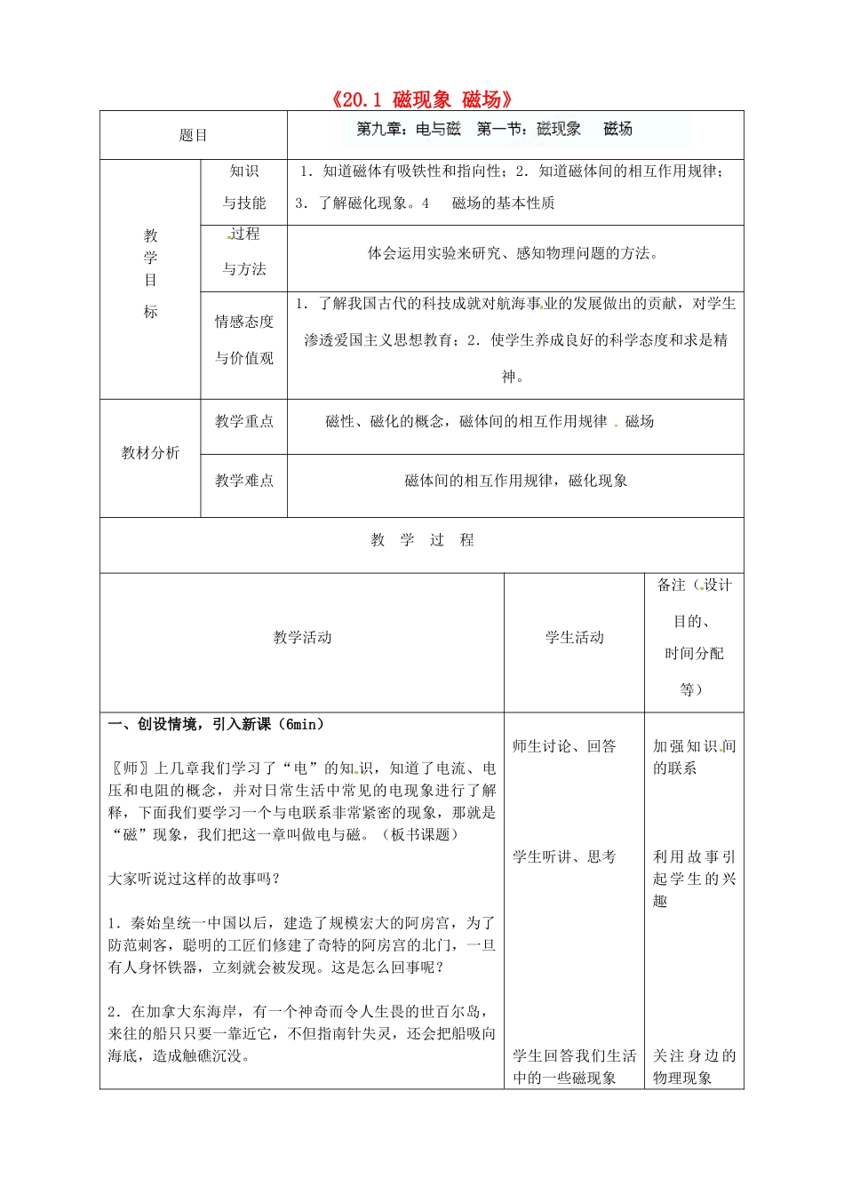 吉林省四平市第十七中学九年级物理全册《20.1 磁现象 磁场》教案 （新版）新人教版_第1页