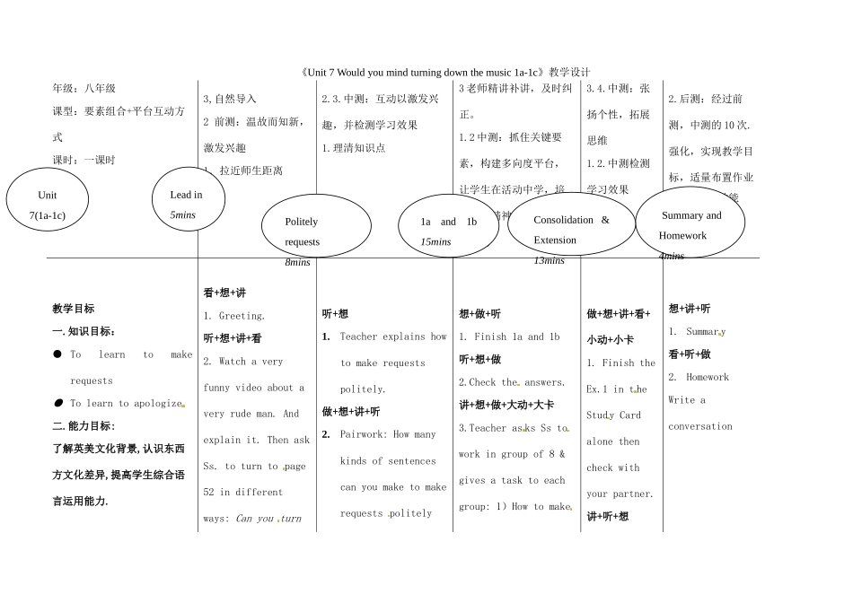 广西玉林市玉州区五中八年级英语下册《Unit 7 Would you mind turning down the music 1a-1c》教学设计 人教新目标版_第1页