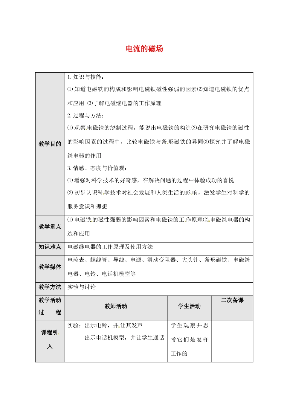 九年级物理下册 16.2 电流的磁场教案2 苏科版-苏科版初中九年级下册物理教案_第1页