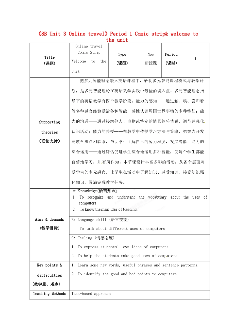 江苏省海安县大公初级中学八年级英语下册《8B Unit 3 Online travel》Period 1 Comic strip& welcome to the unit教案 牛津版_第1页