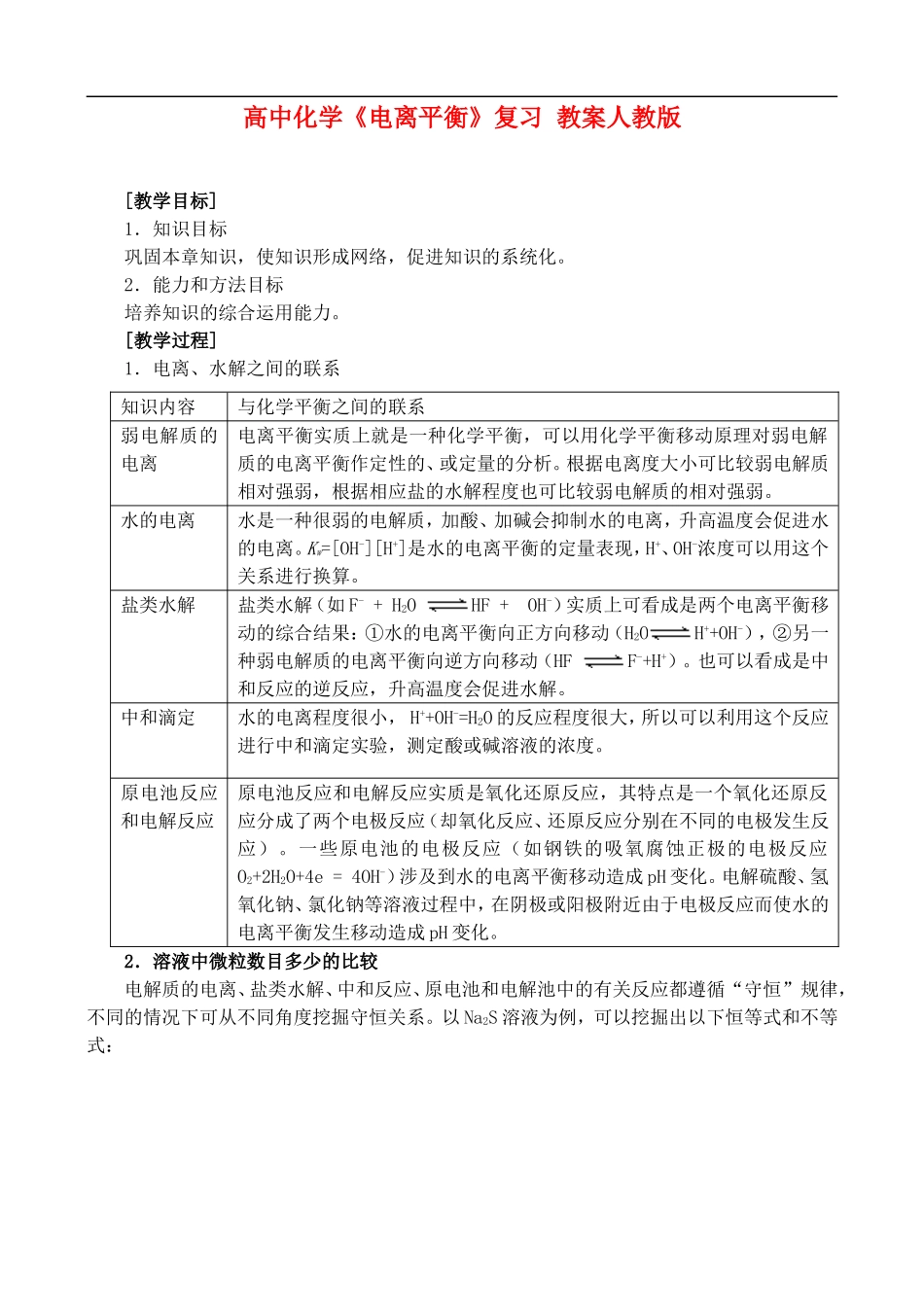 高二化学第三章、电离平衡复习  教案人教版_第1页