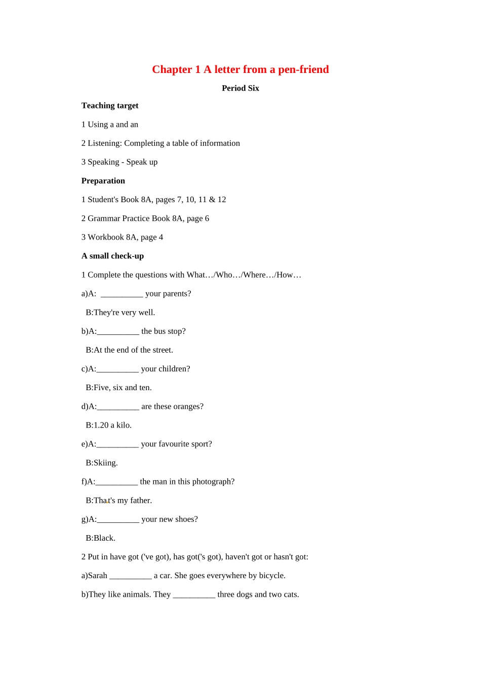 八年级英语：Chapter 1 A letter from a pen-friend Period Six教案上海牛津版_第1页