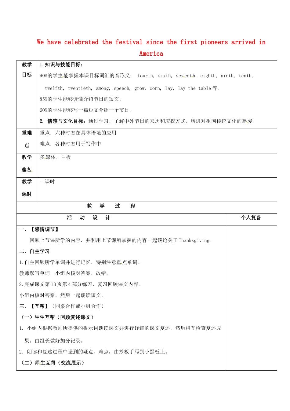 山东省潍坊高新技术产业开发区九年级英语上册 Moudle 2 Public holidays Unit 2 We have celebrated the festival since the first pioneers arrived in America写作课教案 （新版）外研版-（新版）外研版初中九年级上册英语教案_第1页