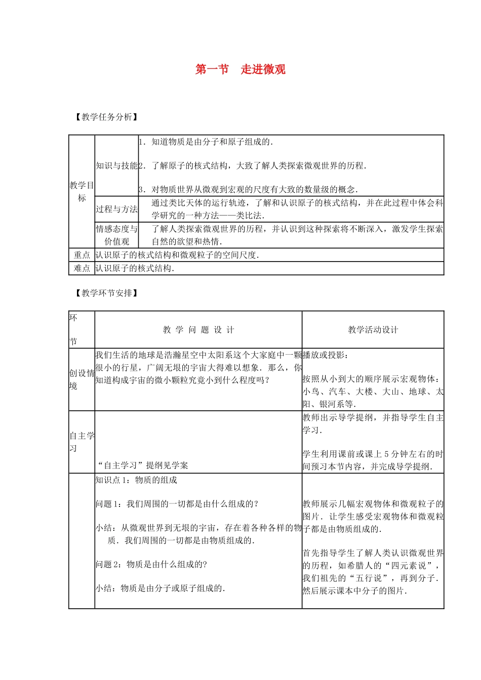 八年级物理全册 第十一章 小粒子与大宇宙 第一节 走进微观教案 沪教版_第1页