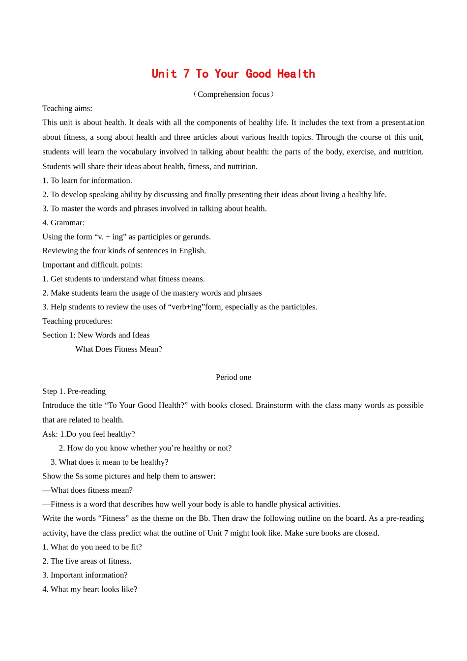 高中英语：unit7 to your good health教案（1）冀教版必修1_第1页