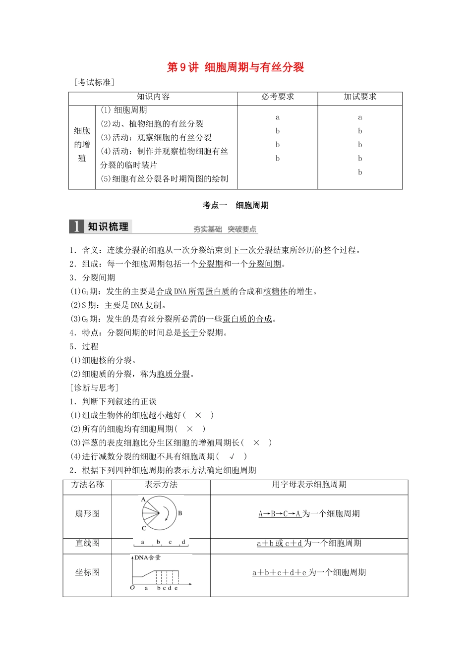 新高考生物一轮复习 第三单元 细胞的生命历程 第9讲 细胞周期与有丝分裂讲义 浙科版-浙科版高三全册生物教案_第1页