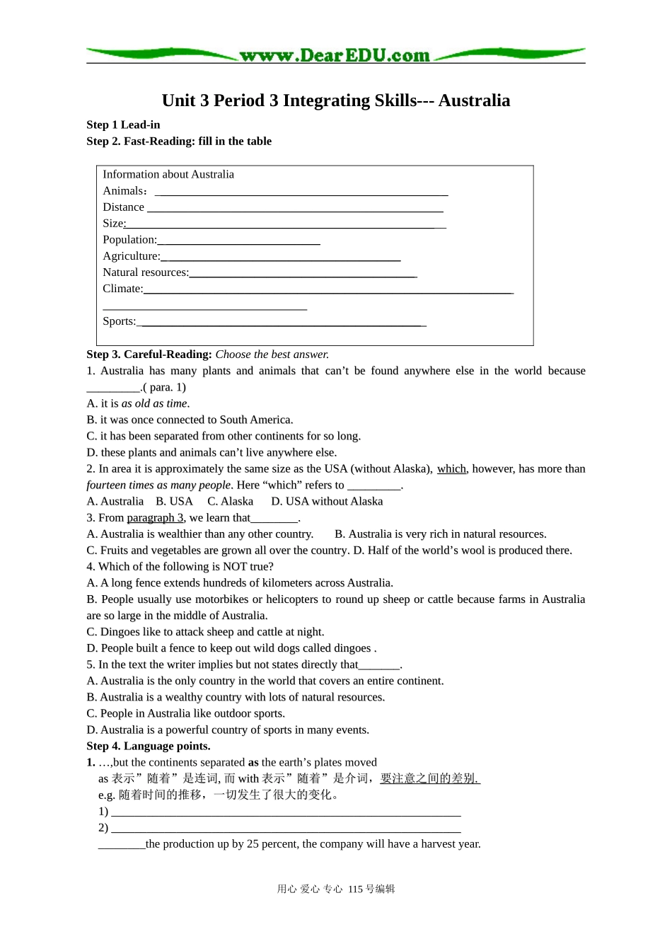 高中英语第三册(全一册)Unit 3  Period 3 Integrating Skills--- Australia_第1页