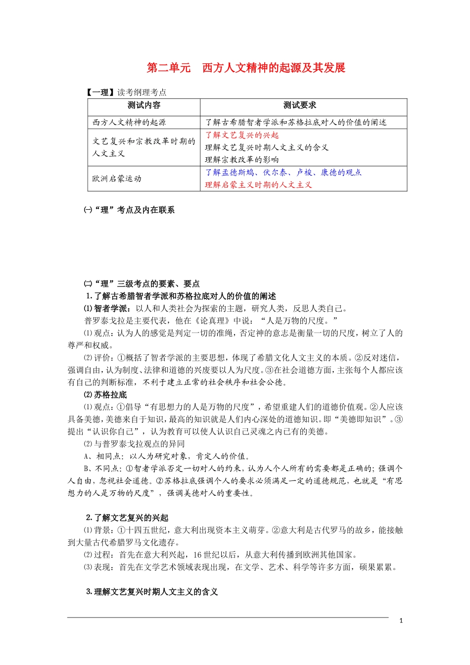高一历史  第二单元《西方人文精神的起源及其发展》复习教案 人民版必修3_第1页