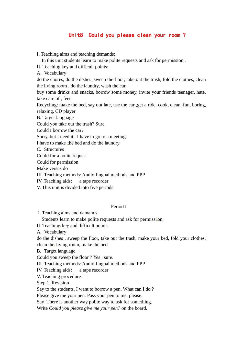 七年级英语下册：Unit 8 Could you please clean your room（教案2）鲁教版_第1页