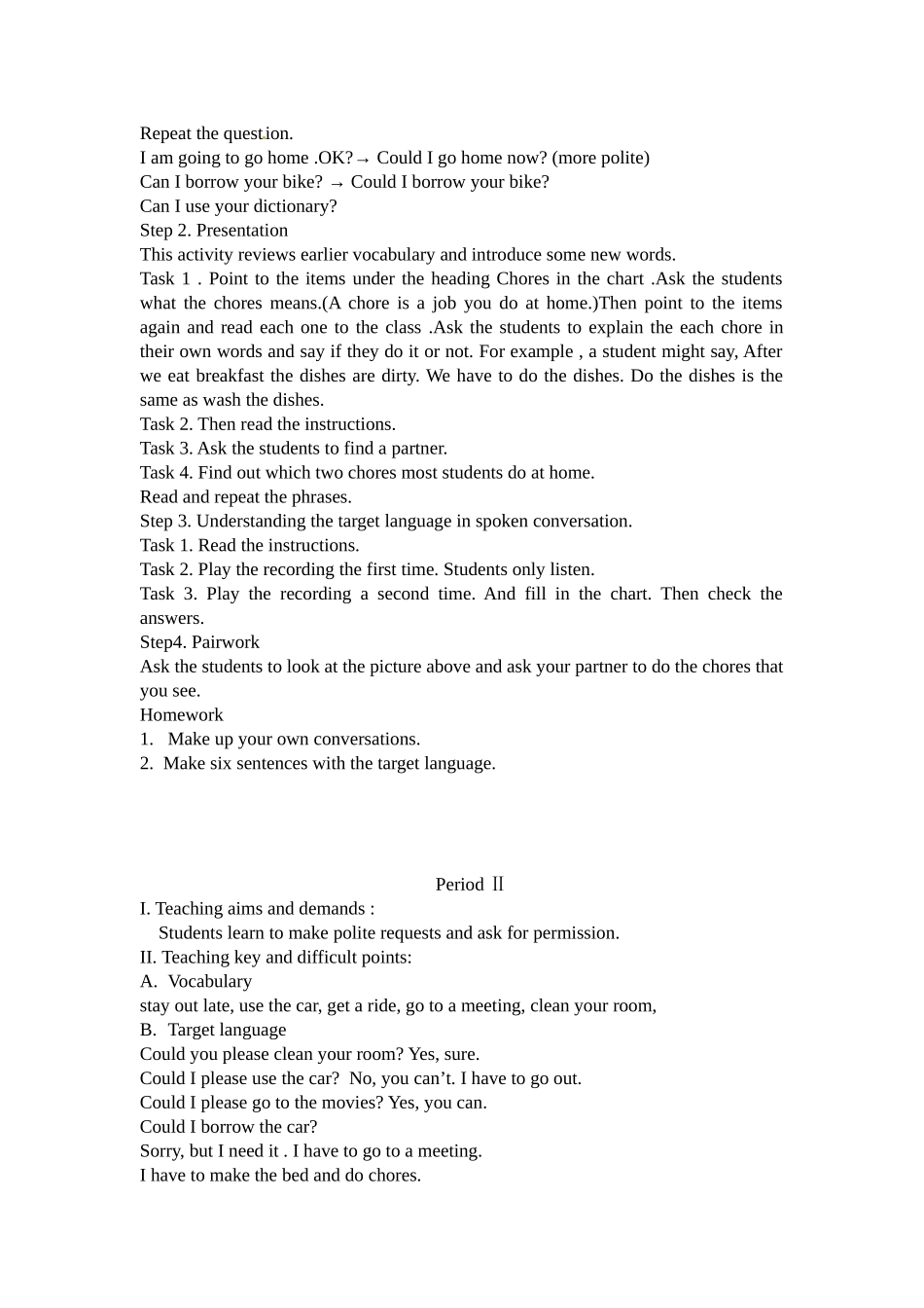 七年级英语下册：Unit 8 Could you please clean your room（教案2）鲁教版_第2页