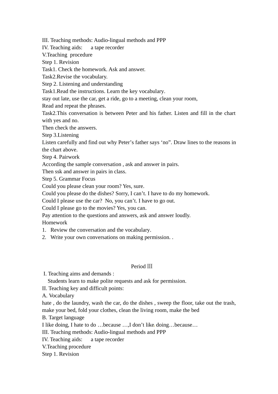 七年级英语下册：Unit 8 Could you please clean your room（教案2）鲁教版_第3页