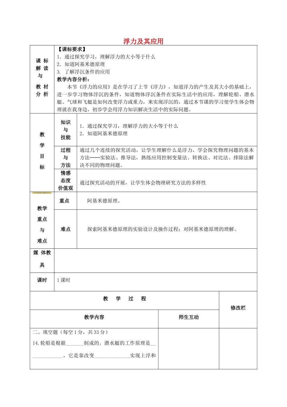 八年级物理下册 第10章《浮力》浮力及其应用教案2 （新版）新人教版-（新版）新人教版初中八年级下册物理教案_第1页