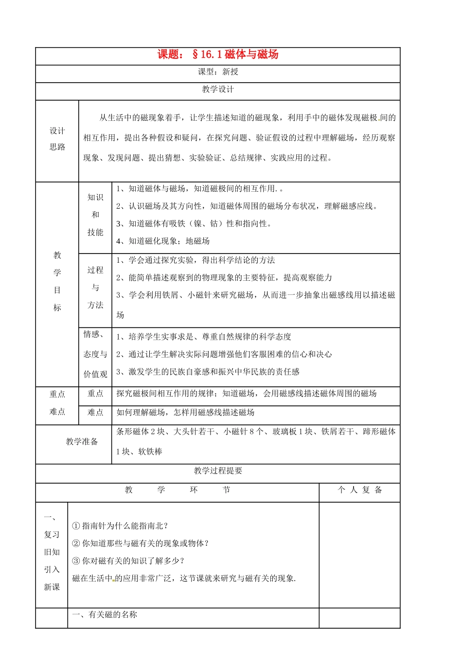 九年级物理下学期素材大全 磁体与磁场教案 苏科版 _第1页