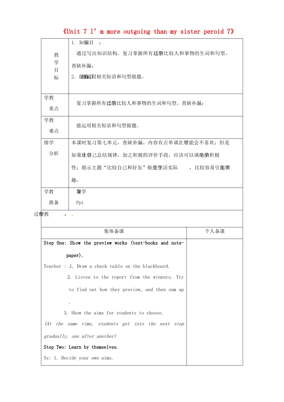 山东省淄博市临淄区第八中学七年级英语上册《Unit 7 I’m more outgoing than my sister period 7》教案 鲁教版五四制_第1页