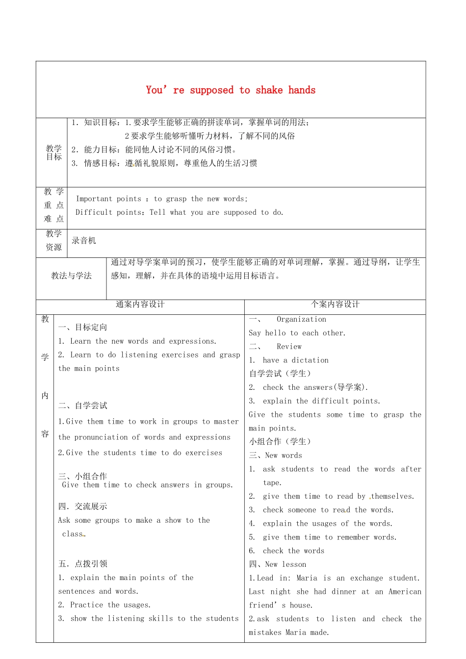 九年级英语全册 Unit 5 You’re supposed to shake hands教案2 （新版）鲁教版五四制-鲁教版五四制初中九年级全册英语教案_第1页