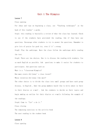 九年级英语上：Unit 1 The Olympics Lesson 7-Lesson 8教案冀教版