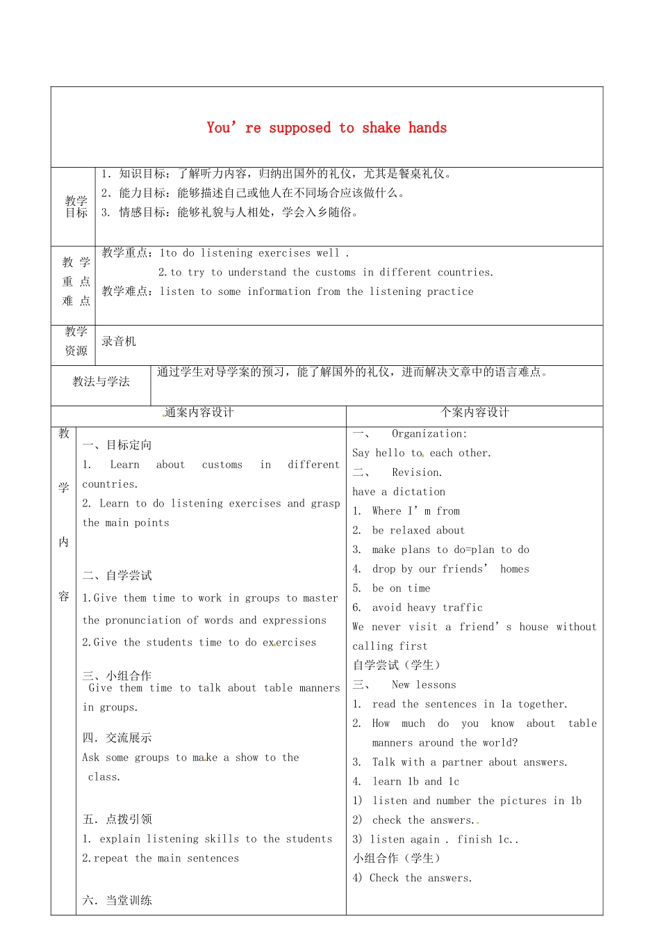 九年级英语全册 Unit 5 You’re supposed to shake hands教案4 （新版）鲁教版五四制-鲁教版五四制初中九年级全册英语教案_第1页