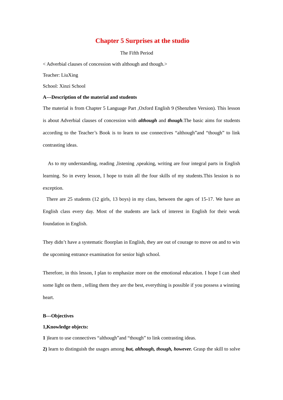 九年级英语：Chapter 5 Surprises at the studio Period 5教案（深圳牛津版）_第1页