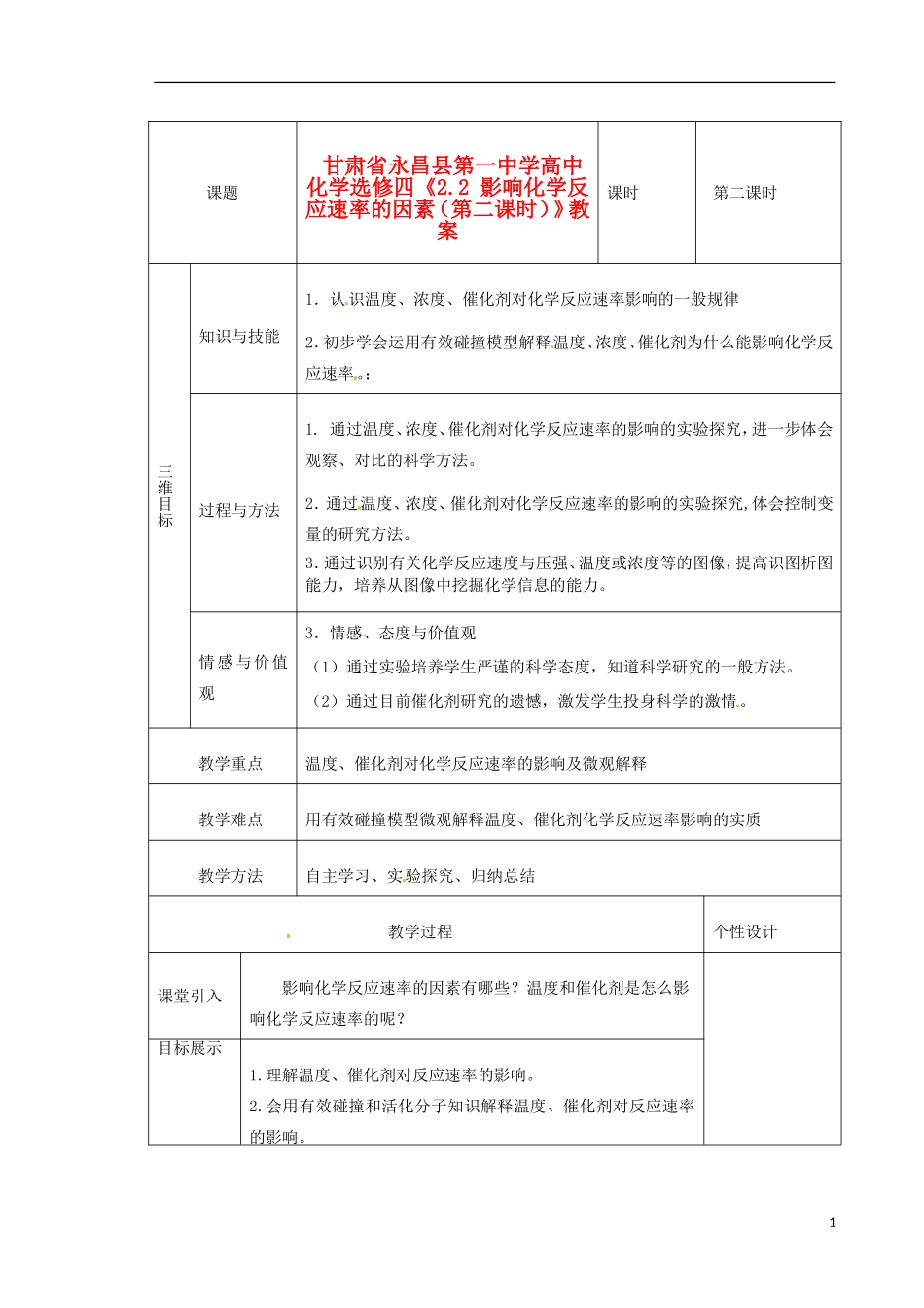甘肃省永昌县第一中学高中化学《2.2 影响化学反应速率的因素》教案2 新人教版选修4_第1页