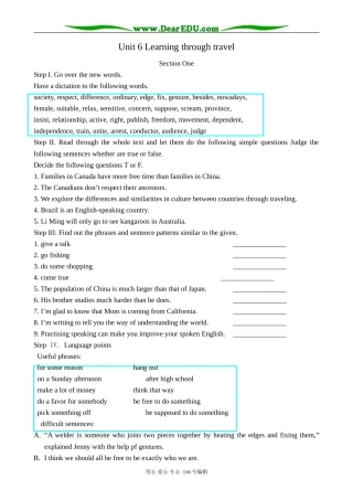 高中英语Unit 6 Learning through travel教案