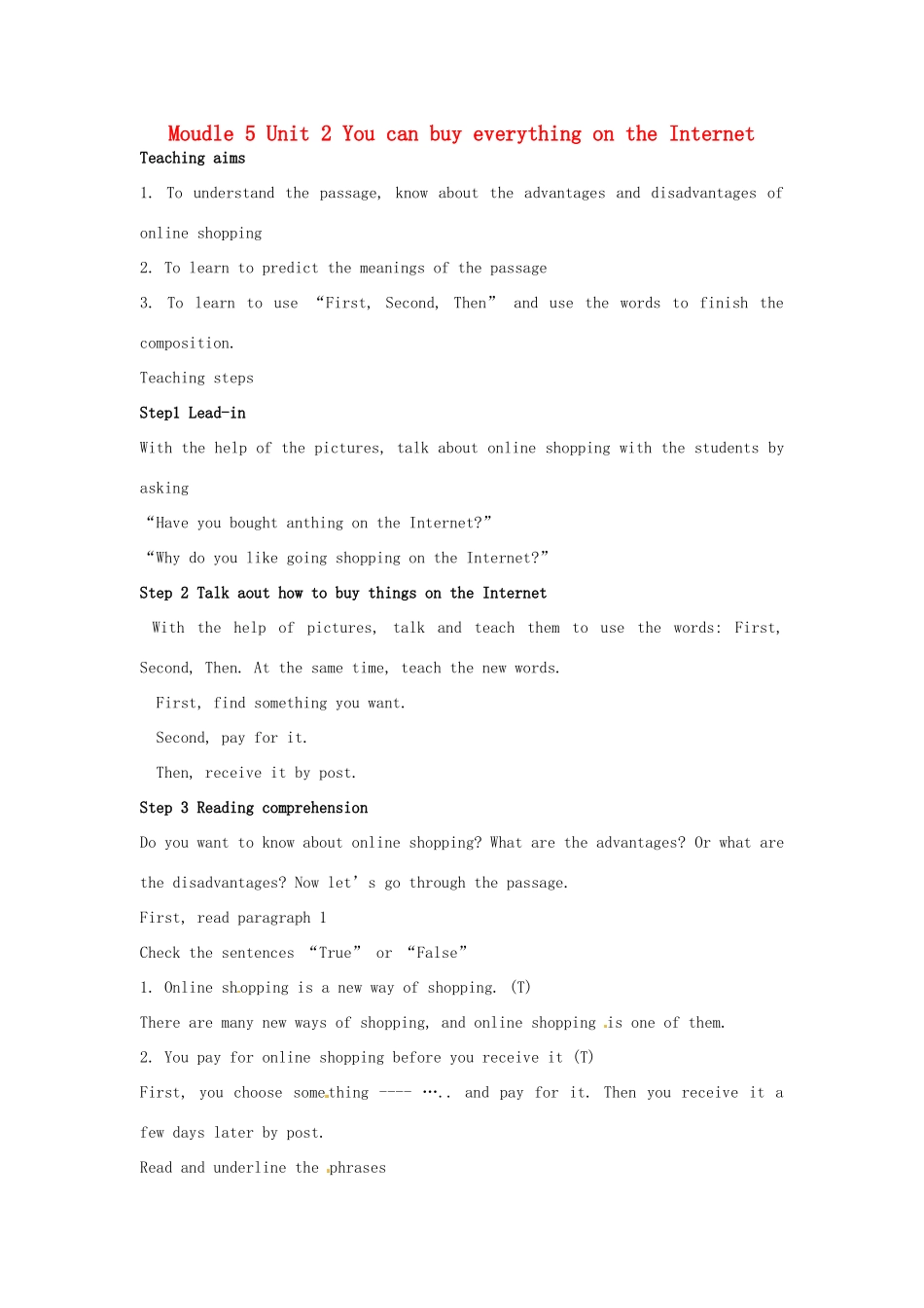 七年级英语下册 Moudle 5 Unit 2 You can buy everything on the Internet教案 （新版）外研版-（新版）外研版初中七年级下册英语教案_第1页