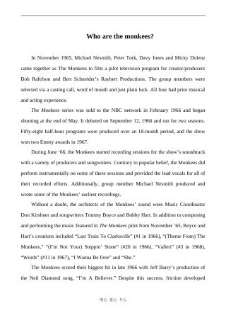 高中英语Unit5 Music文章 Who are the monkees人教版必修二
