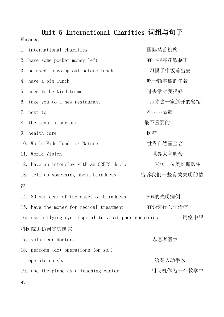 八年级英语Unit 5 International Charities 词组与句子牛津版_第1页