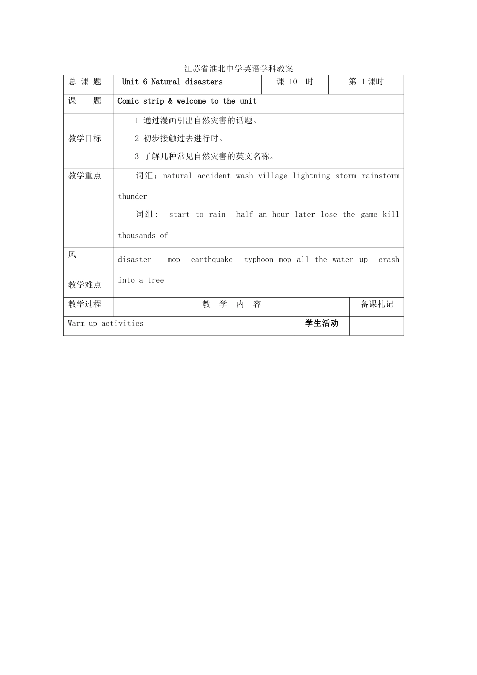 江苏省淮北中学八年级英语上册 Unit 6Natural disasters教案 牛津译林版_第1页