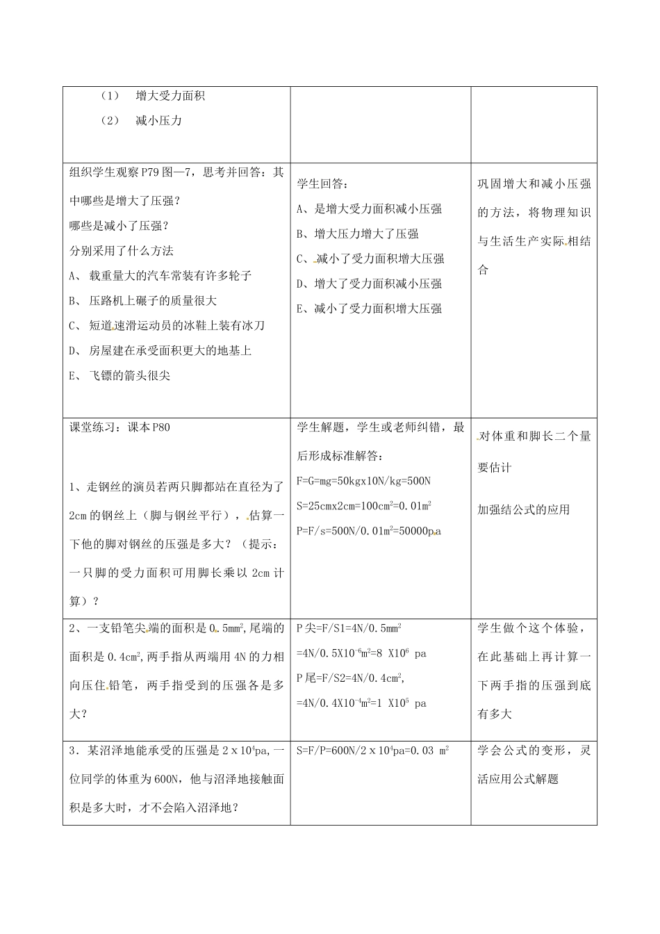 江苏省昆山市锦溪中学八年级物理下册 压强（第2课时）教案 苏科版_第3页